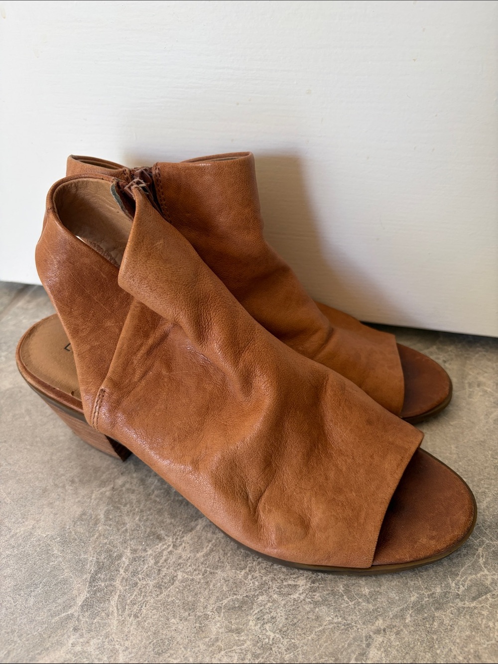 Lucky Brand Cognac Leather Open-Back Block Heel Ankle Boot